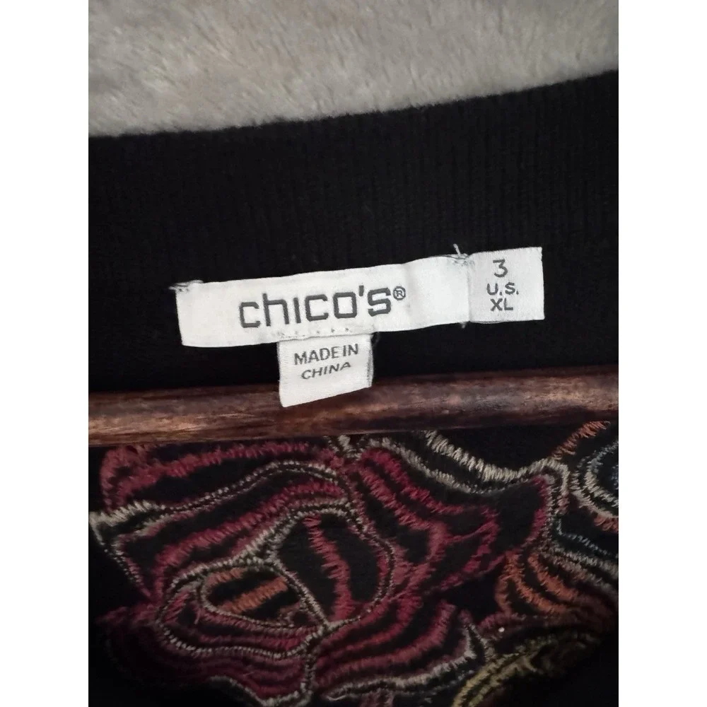 Chico's Black Floral Embroidered Cardigan 3 (XL) Boho Sweater Cottagecore